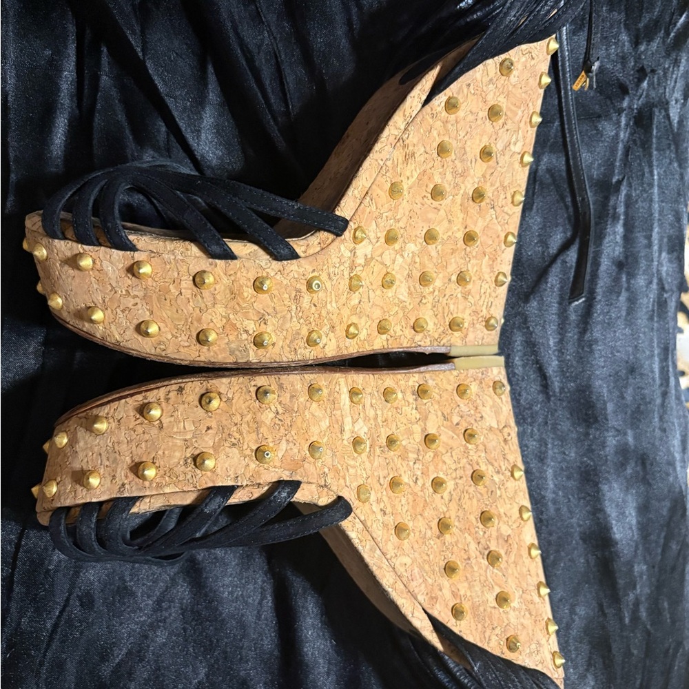 Gucci Black Suede Studded Cork Wedge Sandals
